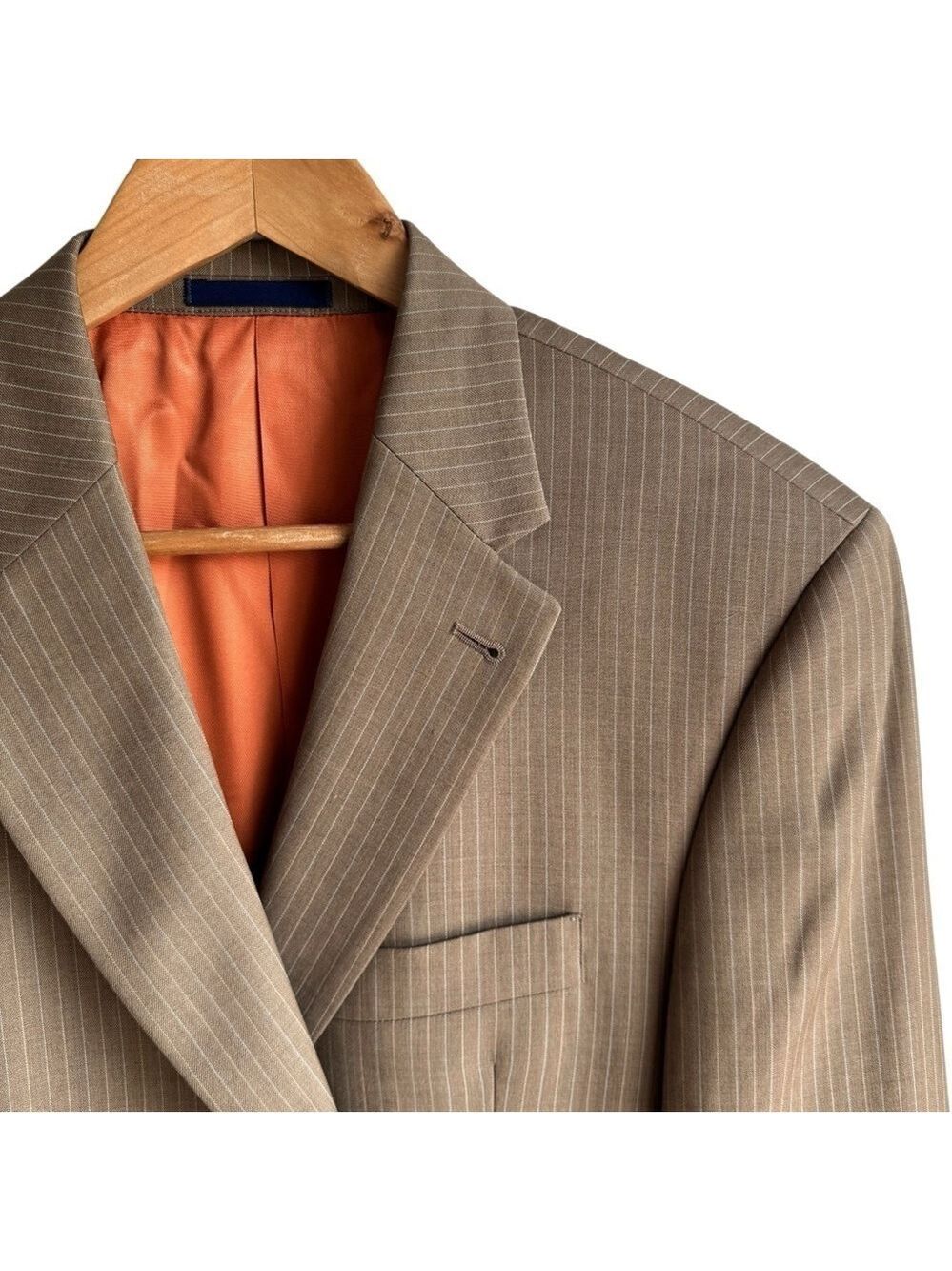 Tommy Hilfiger 100% Wool Suit Jacket 40S Beige Stripe Blazer Office Academia EUC